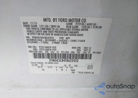 2015 Ford Flex Sel from USA, damaged, VIN 2FMGK5C84FBA22433